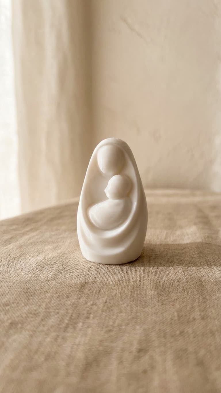 María en un Puño, de 5 cm, apoyada sobre lino junto a una cortina de lino