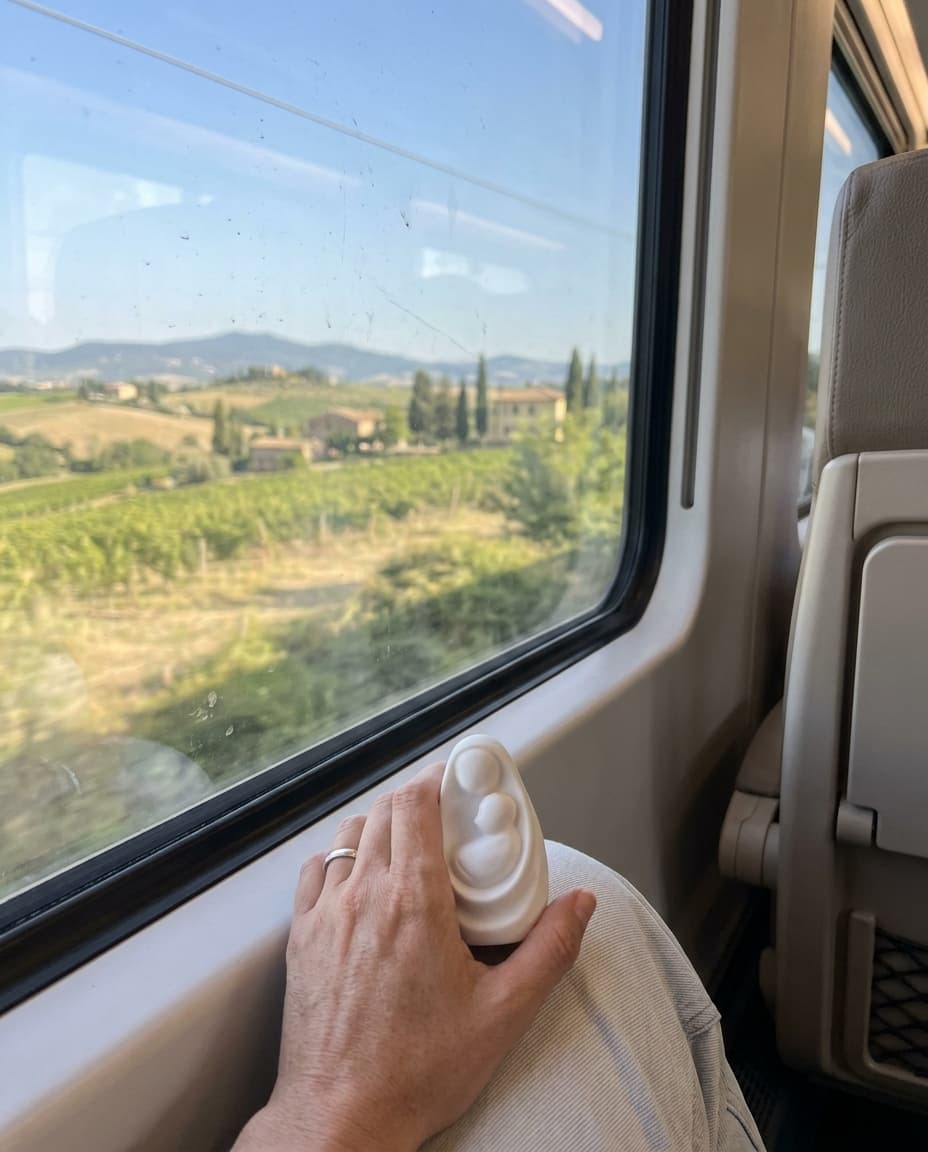 María en un Puño en la mano junto a la ventanilla de un tren, con viñedos y colinas al fondo